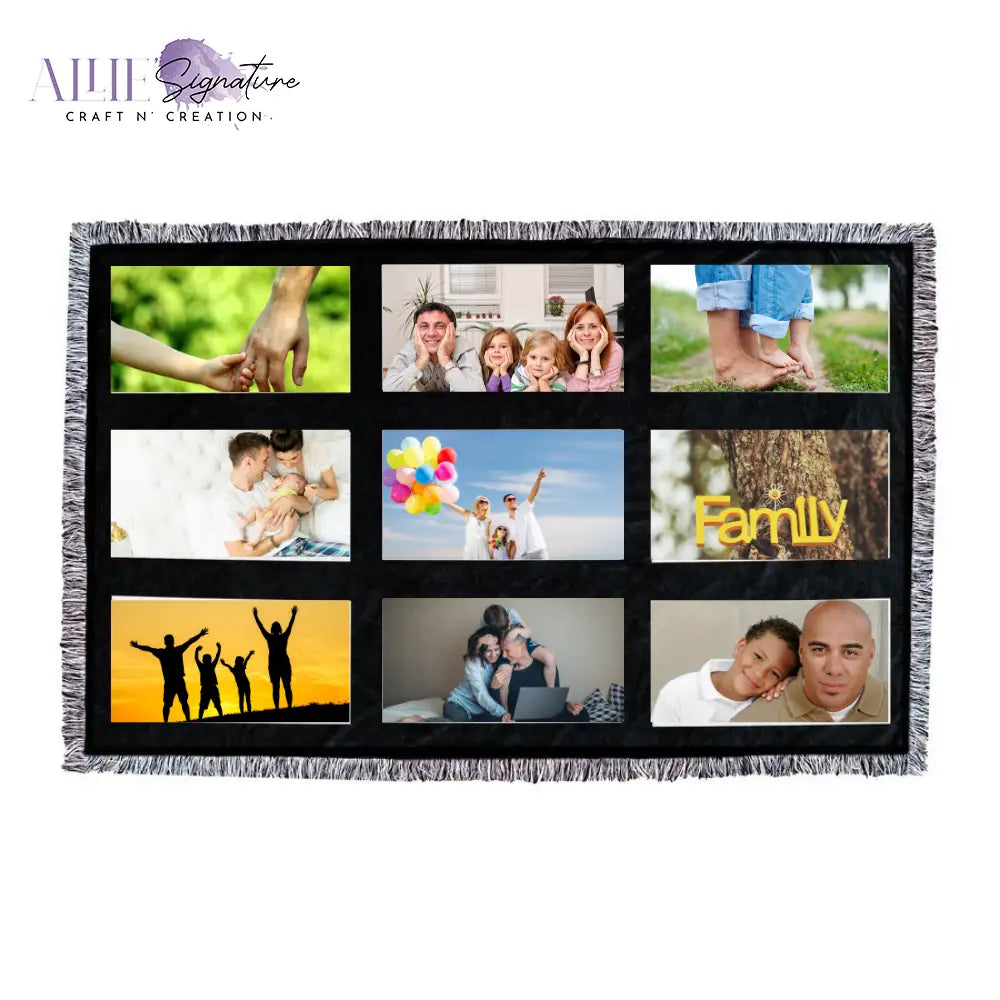 9-Panel Blank Sublimation Blanket - Black and White Tassels With Black Back