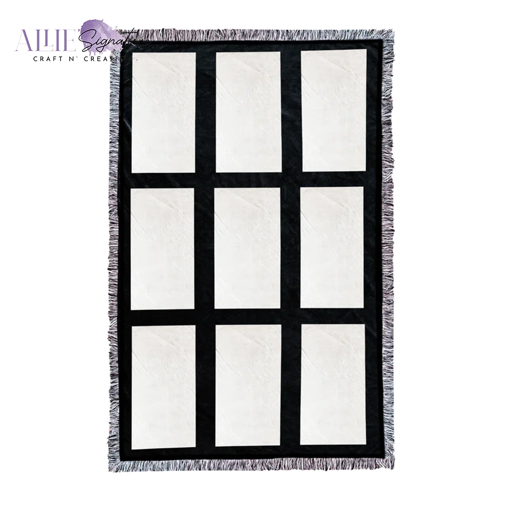 9-Panel Blank Sublimation Blanket - Black and White Tassels With Black Back