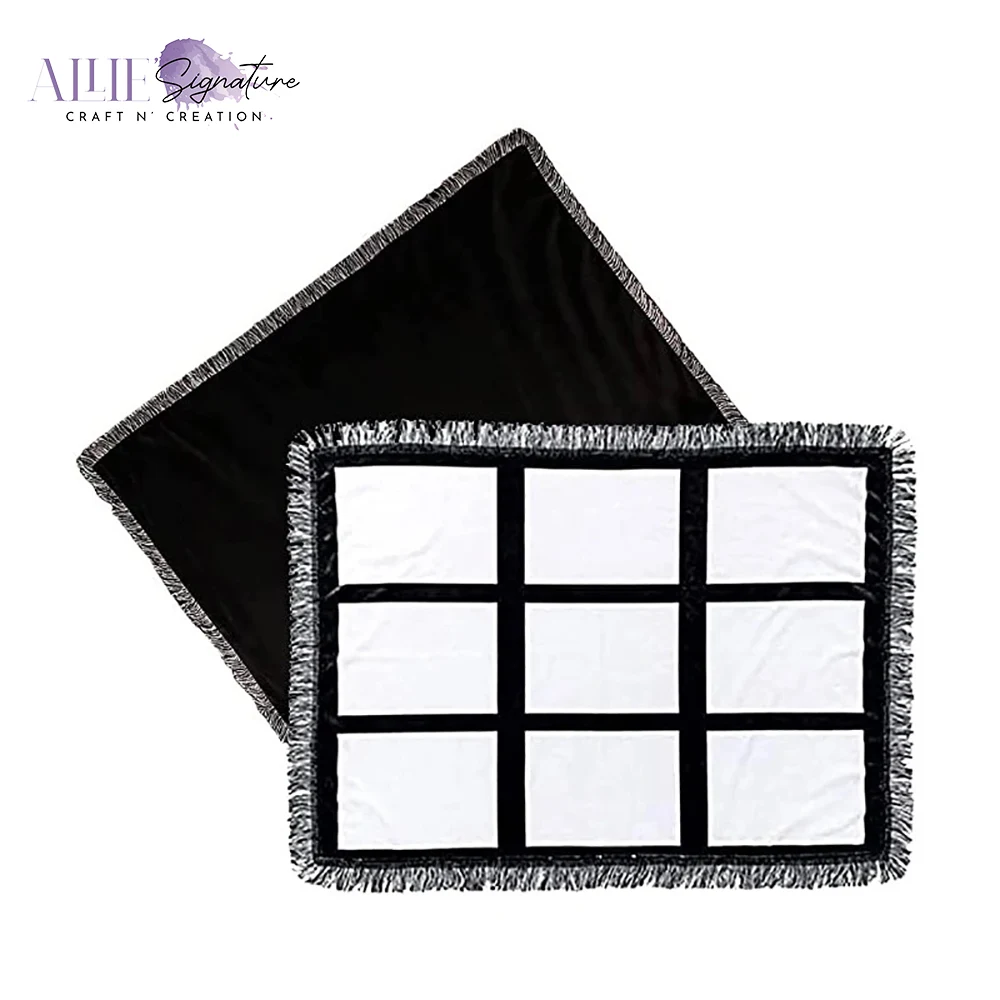 9-Panel Blank Sublimation Blanket - Black and White Tassels With Black Back