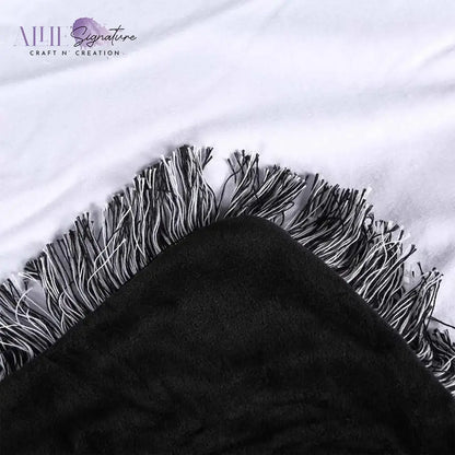 9-Panel Blank Sublimation Blanket - Black and White Tassels With Black Back